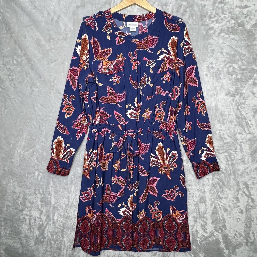 Liz Claiborne Shirt Dress Womens Large Blue Paisley Long Sleeve Tie Waist Boho